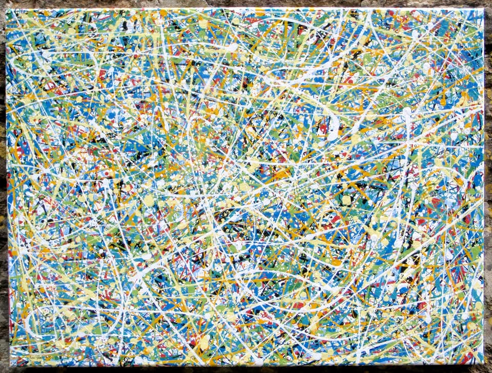 Abstract modern art drip painting on 80 by 60 cm canvas - full view