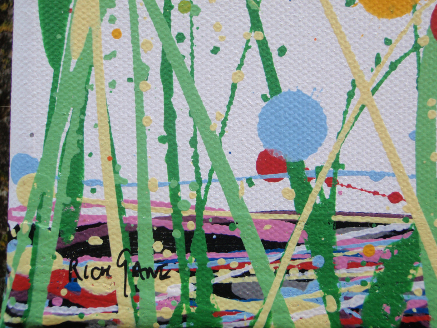 Colourful modern art tree painting with pink and lilac on a white background - detail