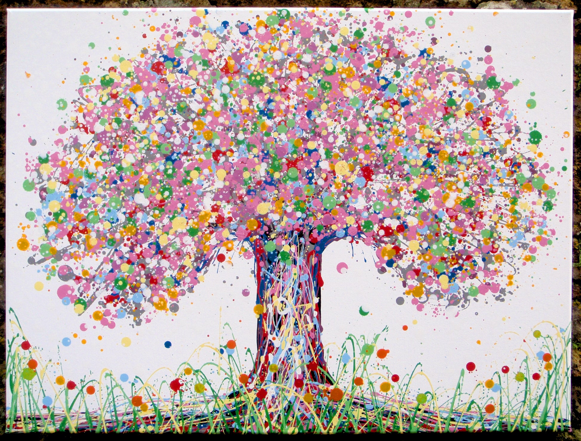 Colourful modern art tree painting with pink and lilac on a white background - full view