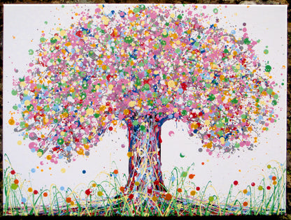 Colourful modern art tree painting with pink and lilac on a white background - full view