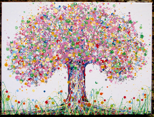 Colourful modern art tree painting with pink and lilac on a white background - full view