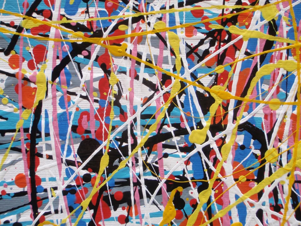 Abstract expressionist painting featuring a dense, circular composition of energetic splatters, drips, and intersecting lines in yellow, white, red, blue, black, and orange. Hand-painted by me, Rich Gane, on to a large, framed, 80 by 60 cm canvas - detail
