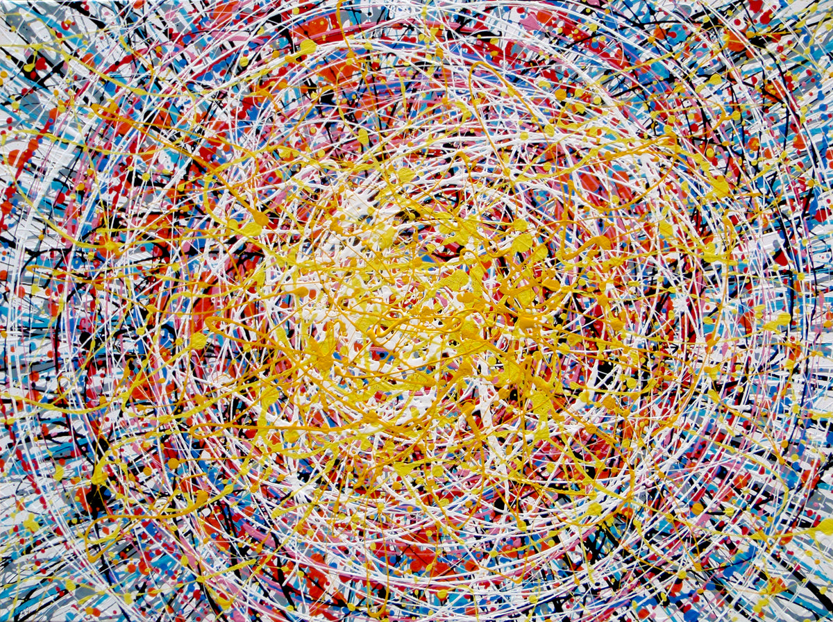 Abstract expressionist painting featuring a dense, circular composition of energetic splatters, drips, and intersecting lines in yellow, white, red, blue, black, and orange. Hand-painted by me, Rich Gane, on to a large, framed, 80 by 60 cm canvas - full view