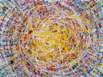Abstract expressionist painting featuring a dense, circular composition of energetic splatters, drips, and intersecting lines in yellow, white, red, blue, black, and orange. Hand-painted by me, Rich Gane, on to a large, framed, 80 by 60 cm canvas - full view