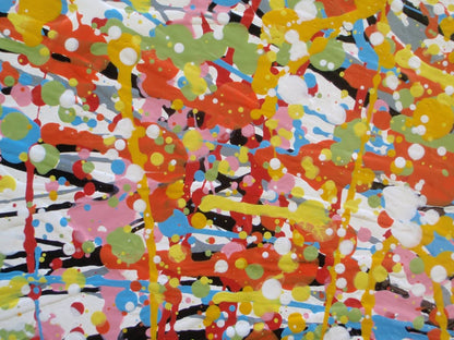 Abstract radial burst painting with dense splatters and streaks of yellow, orange, white, blue, pink, red, and green radiating outward from a bright central area, on 80 by 60 cm canvas - detail