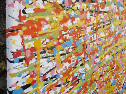 Abstract radial burst painting with dense splatters and streaks of yellow, orange, white, blue, pink, red, and green radiating outward from a bright central area, on 80 by 60 cm canvas - detail