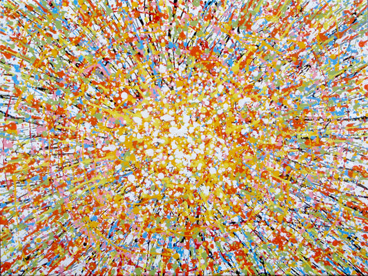 Abstract radial burst painting with dense splatters and streaks of yellow, orange, white, blue, pink, red, and green radiating outward from a bright central area, on 80 by 60 cm canvas