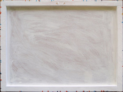 An abstract painting filled with dense, energetic splatters and drips in orange, yellow, white, black, and light blue, hand-painted on to a large framed wooden panel - back