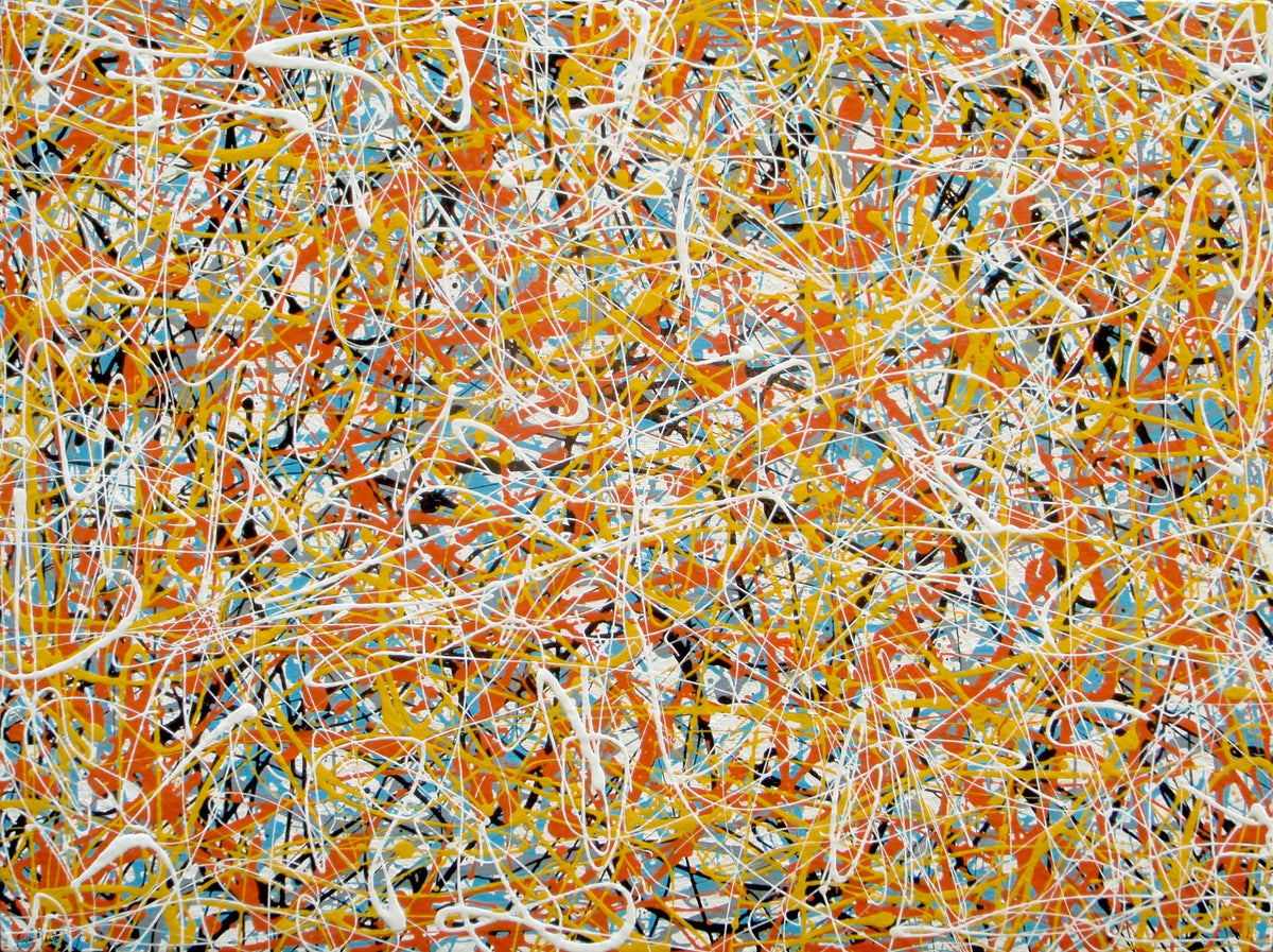 An abstract painting filled with dense, energetic splatters and drips in orange, yellow, white, black, and light blue, hand-painted on to a large framed wooden panel - full view