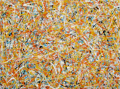 An abstract painting filled with dense, energetic splatters and drips in orange, yellow, white, black, and light blue, hand-painted on to a large framed wooden panel - full view