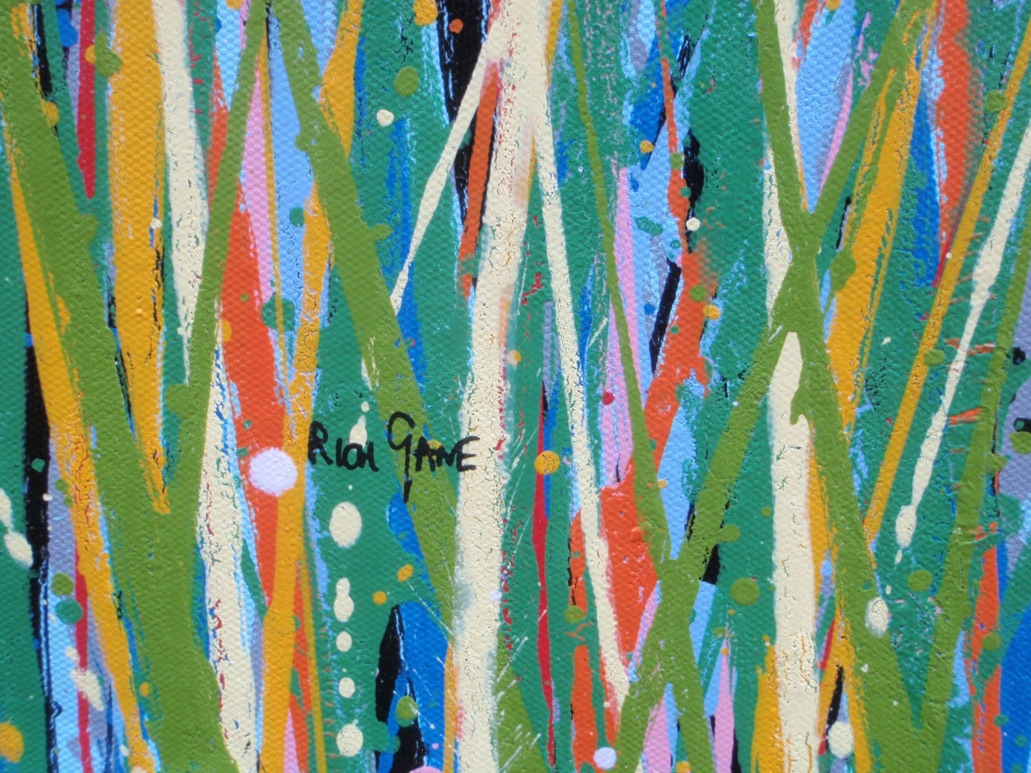 Modern art red flower meadow painting divided in two by a footpath, on a huge 159 cm by 112 cm canvas - detail