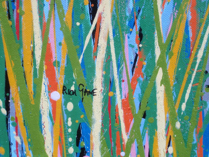 Modern art red flower meadow painting divided in two by a footpath, on a huge 159 cm by 112 cm canvas - detail