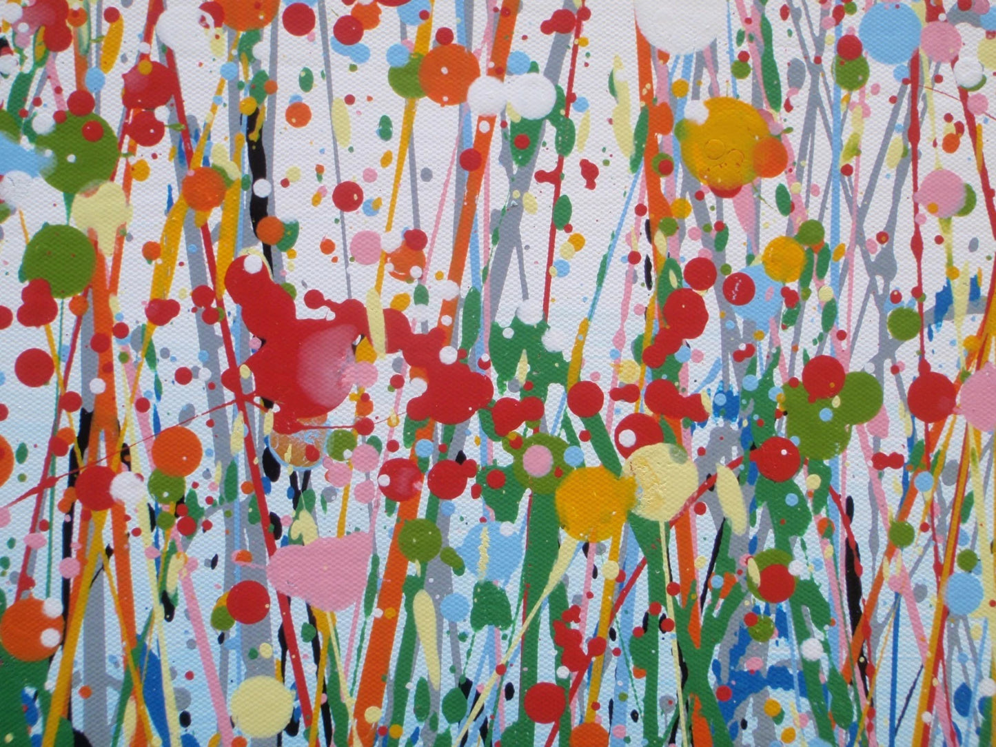 Modern art red flower meadow painting divided in two by a footpath, on a huge 159 cm by 112 cm canvas - detail