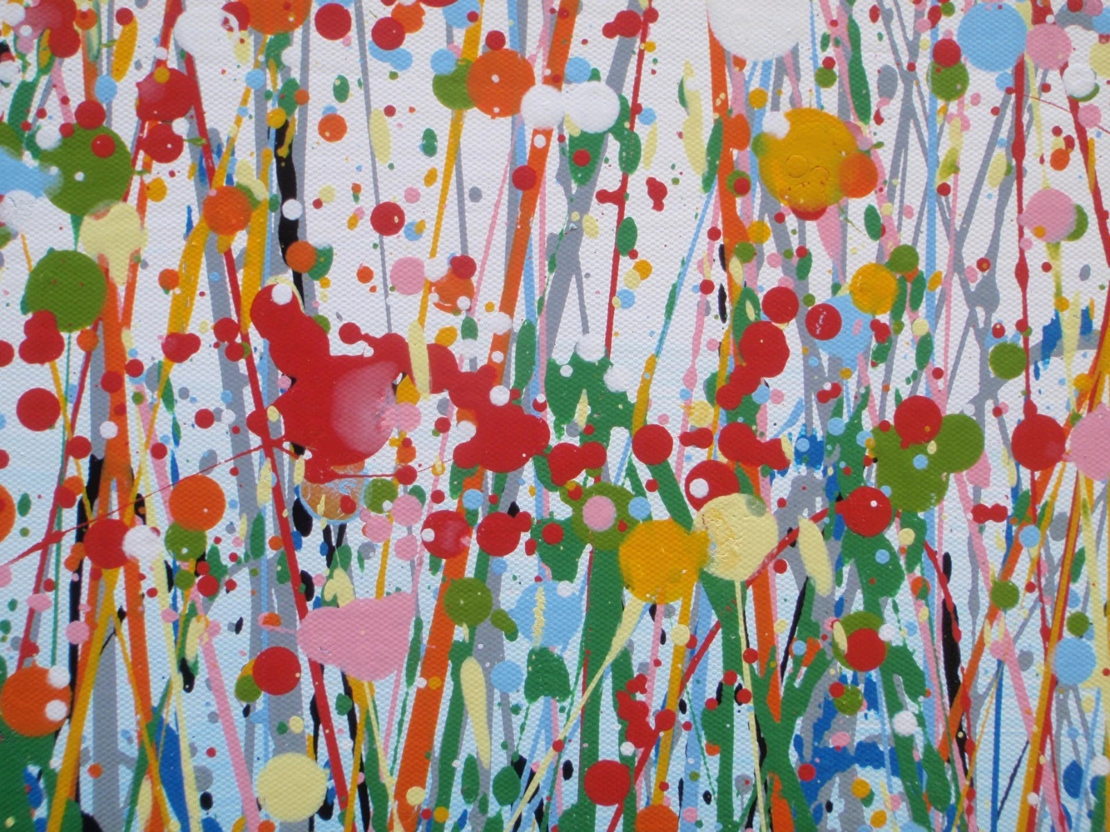 Modern art red flower meadow painting divided in two by a footpath, on a huge 159 cm by 112 cm canvas - detail