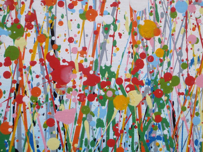 Modern art red flower meadow painting divided in two by a footpath, on a huge 159 cm by 112 cm canvas - detail