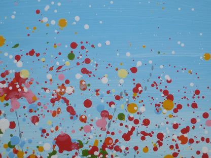 Modern art red flower meadow painting divided in two by a footpath, on a huge 159 cm by 112 cm canvas - detail