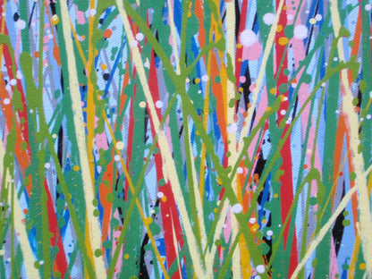 Modern art red flower meadow painting divided in two by a footpath, on a huge 159 cm by 112 cm canvas - detail