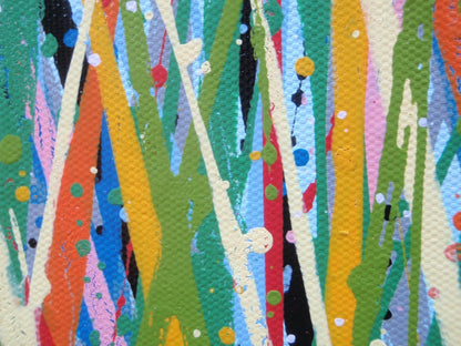 Modern art red flower meadow painting divided in two by a footpath, on a huge 159 cm by 112 cm canvas - detail