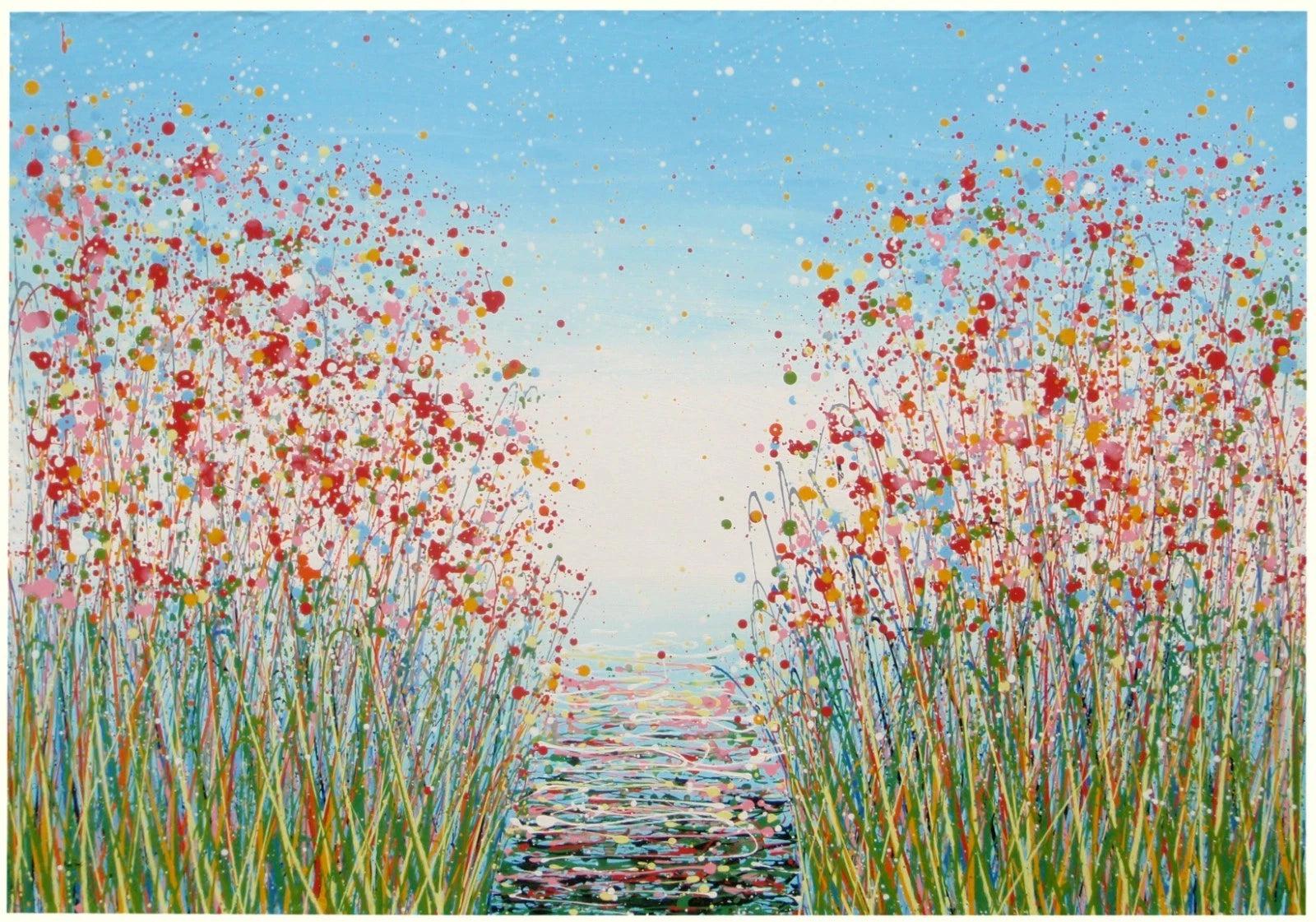 Modern art red flower meadow painting divided in two by a footpath, on a huge 159 cm by 112 cm canvas - full view