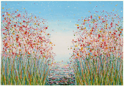 Modern art red flower meadow painting divided in two by a footpath, on a huge 159 cm by 112 cm canvas - full view