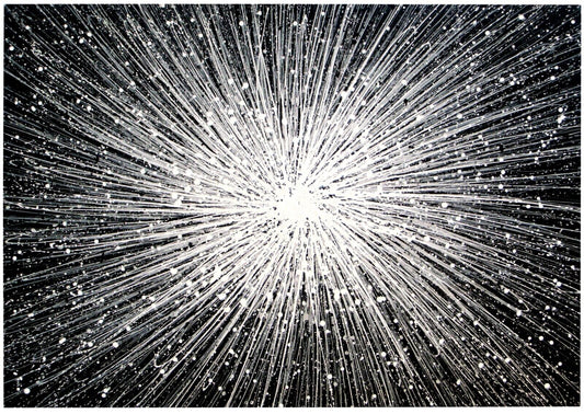 Black and white starburst pattern original painting on a massive canvas