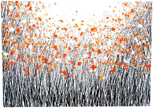 Huge original painting featuring an artistic depiction of orange flowers on a white background with black stems.
