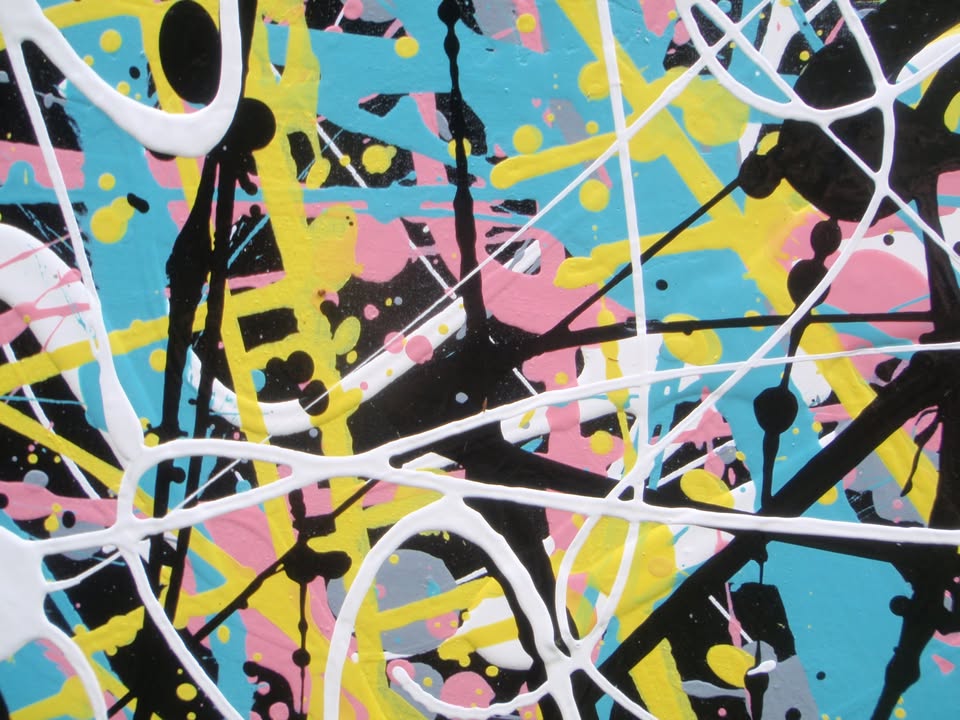 Abstract canvas art 150 by 100 cm painting featuring a dense, expressive composition of overlapping black, yellow, blue, pink, and white paint splatters and scribbles on a dark background - detail