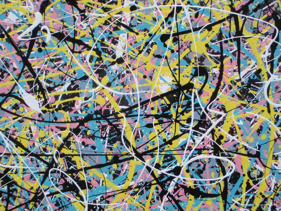 Abstract canvas art 150 by 100 cm painting featuring a dense, expressive composition of overlapping black, yellow, blue, pink, and white paint splatters and scribbles on a dark background - detail