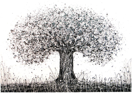 Really big black and white modern art tree with flowing leaves on a white background.