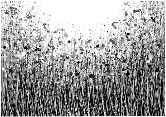 Black and white flower meadow painting with sloping sides, on a really big canvas.