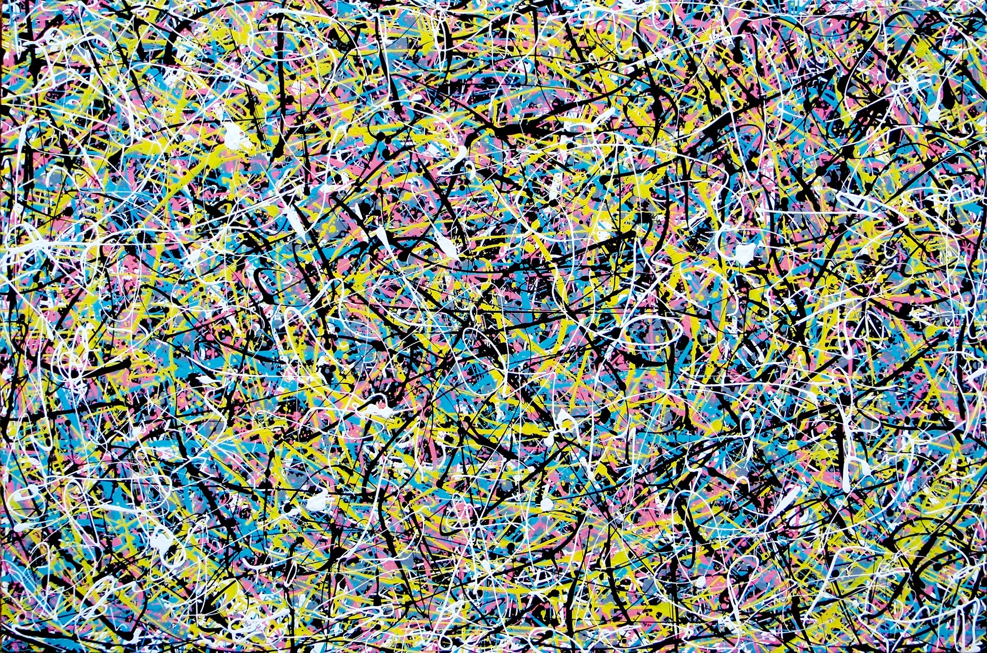 Abstract canvas art 150 by 100 cm painting featuring a dense, expressive composition of overlapping black, yellow, blue, pink, and white paint splatters and scribbles on a dark background - full view