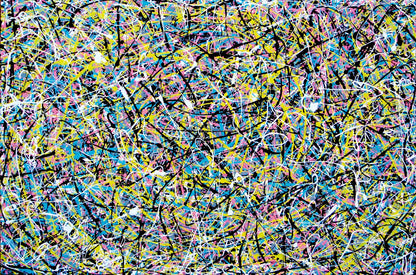 Abstract canvas art 150 by 100 cm painting featuring a dense, expressive composition of overlapping black, yellow, blue, pink, and white paint splatters and scribbles on a dark background - full view