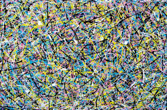 Abstract canvas art 150 by 100 cm painting featuring a dense, expressive composition of overlapping black, yellow, blue, pink, and white paint splatters and scribbles on a dark background - full view