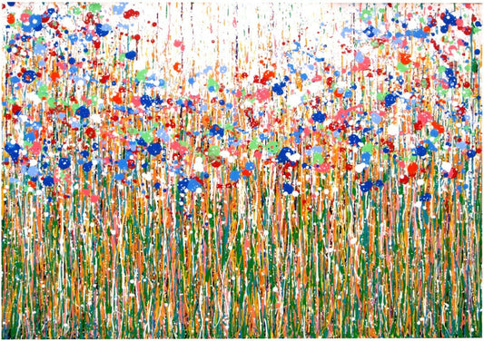 Unique and original abstract artwork with multicoloured blue flowers on a really big white canvas