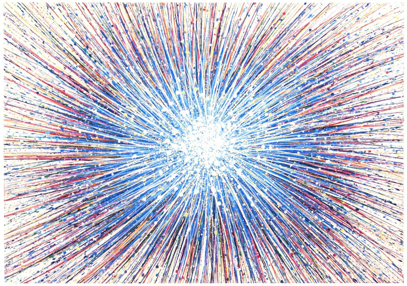 Colourful abstract star design with radiating lines of blue and many other paints, on a white background