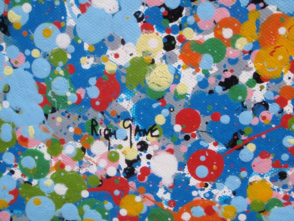 Abstract blue and yellow dot and spot landscape painting on a massive 250 cm by 112 cm canvas - detail