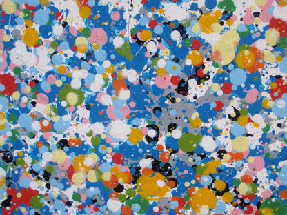 Abstract blue and yellow dot and spot landscape painting on a massive 250 cm by 112 cm canvas - detail
