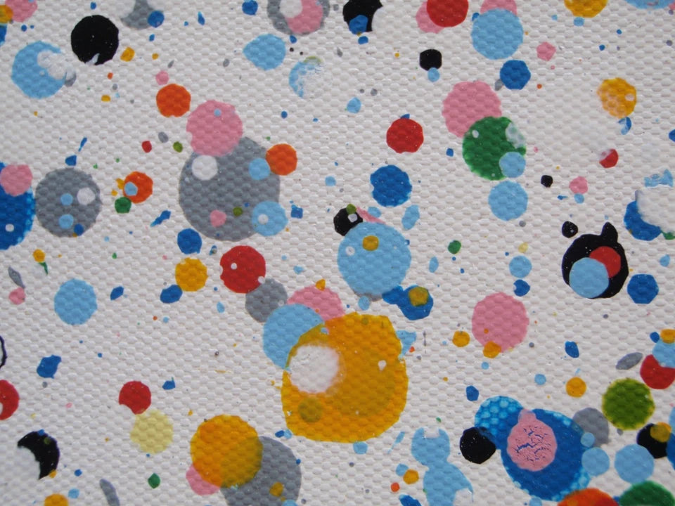 Abstract blue and yellow dot and spot landscape painting on a massive 250 cm by 112 cm canvas - detail