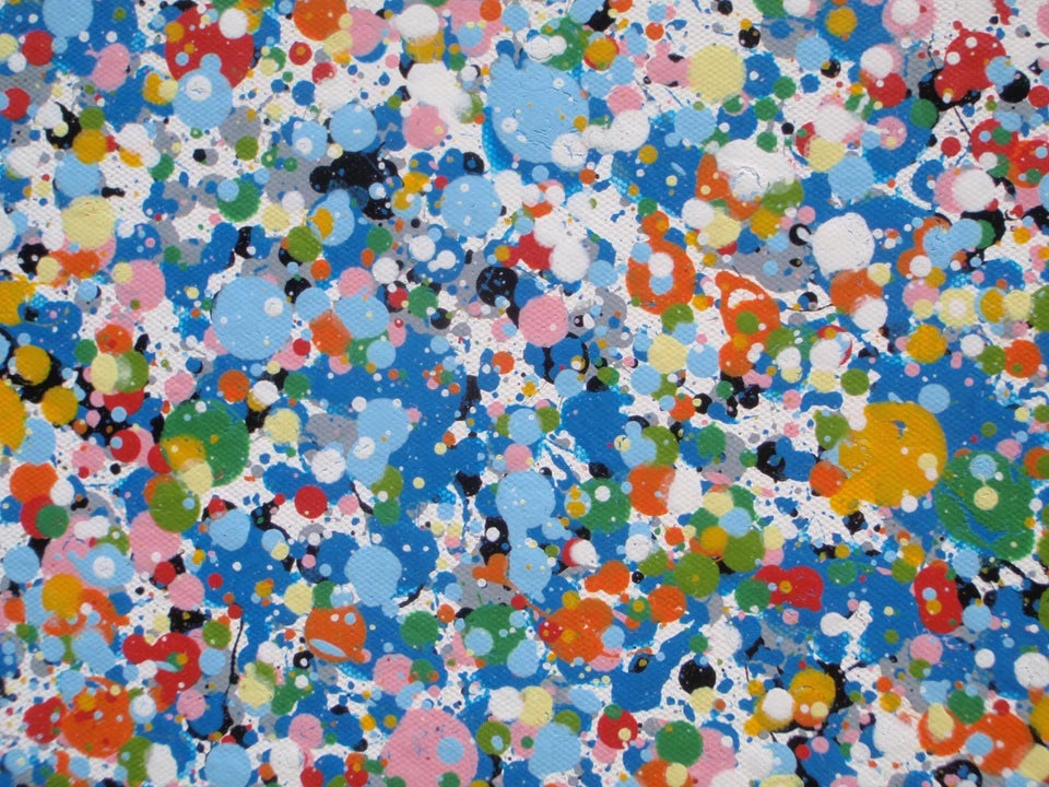 Abstract blue and yellow dot and spot landscape painting on a massive 250 cm by 112 cm canvas - detail