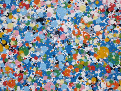 Abstract blue and yellow dot and spot landscape painting on a massive 250 cm by 112 cm canvas - detail