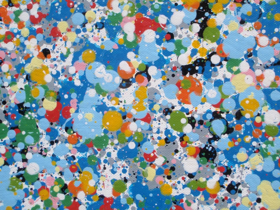 Abstract blue and yellow dot and spot landscape painting on a massive 250 cm by 112 cm canvas - detail