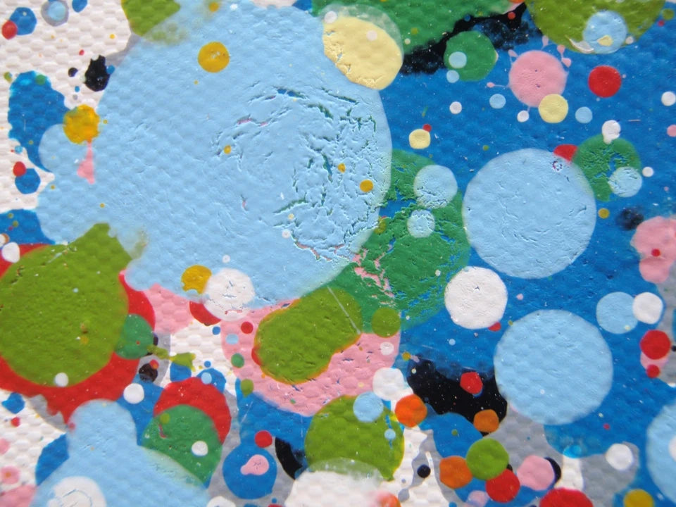 Abstract blue and yellow dot and spot landscape painting on a massive 250 cm by 112 cm canvas - detail