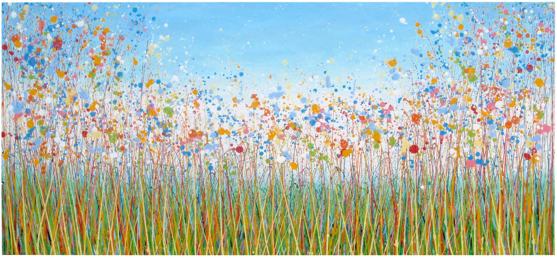 Blue and yellow contemporary art flower meadow painting on a really wide canvas.