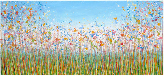Blue and yellow contemporary art flower meadow painting on a really wide canvas.