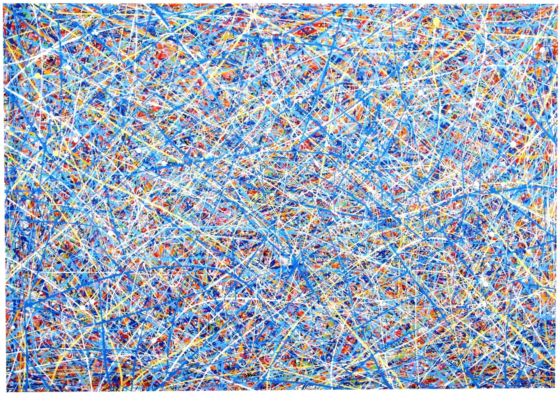 Original blue abstract drip painting with water-based paints on a huge canvas