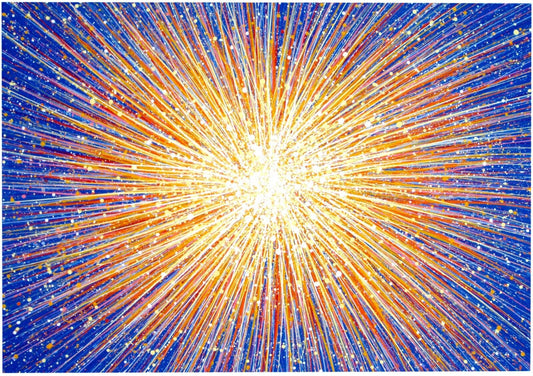 Abstract wall art large painting featuring a radiant starburst design with orange and yellow rays on a blue background