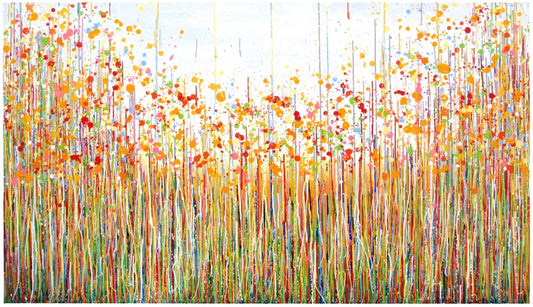 Huge abstract artwork with colourful vertical drips and yellow flowers on a white background