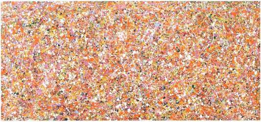 Huge original abstract wall art canvas featuring dots and spots, with plenty of orange and pink paint