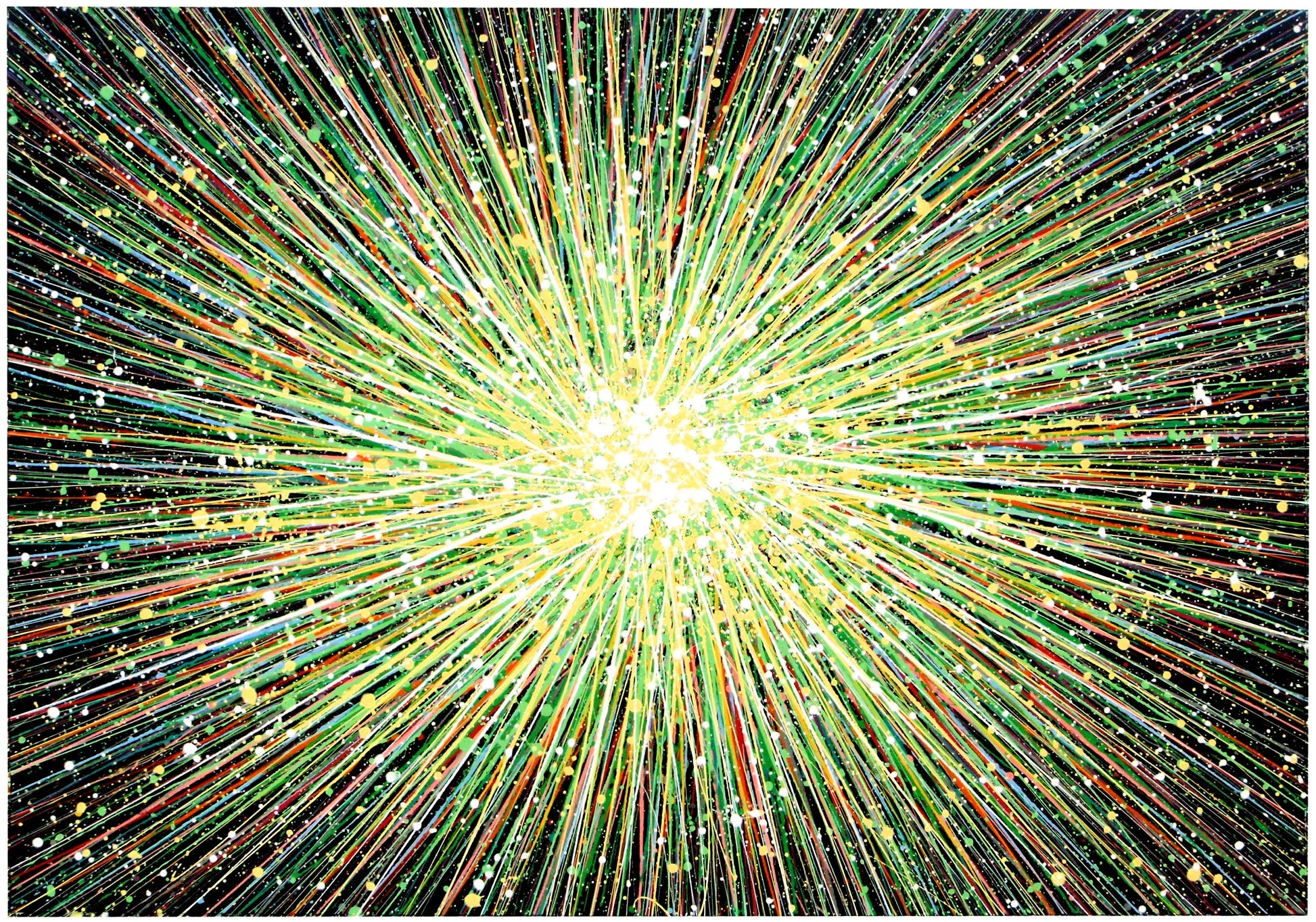 Original modern art canvas featuring a radiating starburst pattern with colourful green and yellow lines converging towards a bright centre.