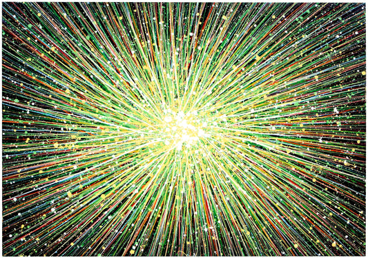 Original modern art canvas featuring a radiating starburst pattern with colourful green and yellow lines converging towards a bright centre.